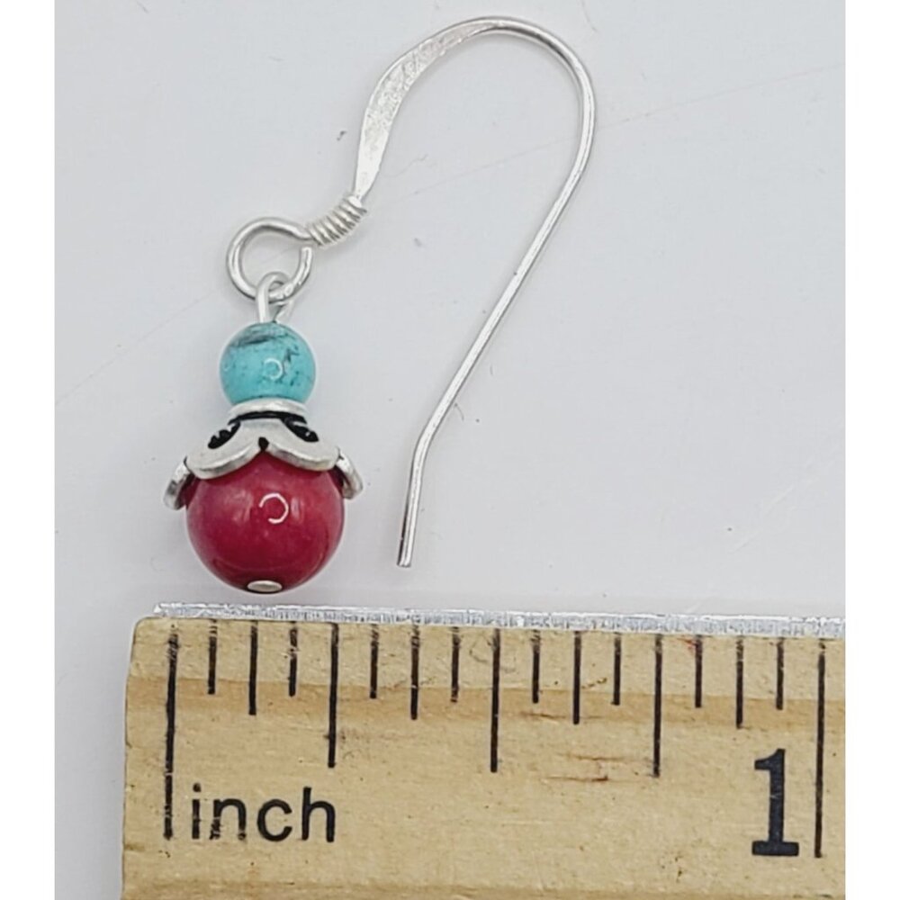 Vtg Southwestern Sterling Silver Turquoise & Coral Earrings 925 Hook Earrings - Picture 7 of 7